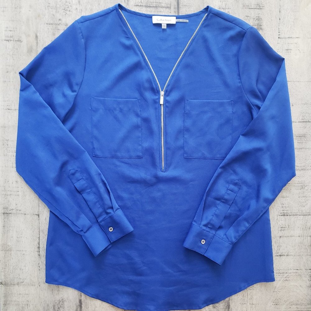 Calvin Klein Cobalt Blue Zipper Chiffon Blouse
